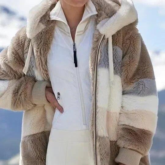Edie | Women's Oversized Striped Hooded Faux Fur Jacket