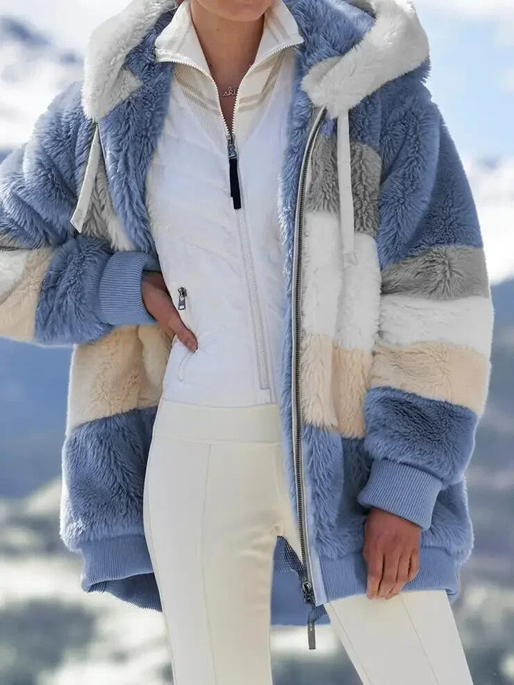 Edie | Women's Oversized Striped Hooded Faux Fur Jacket