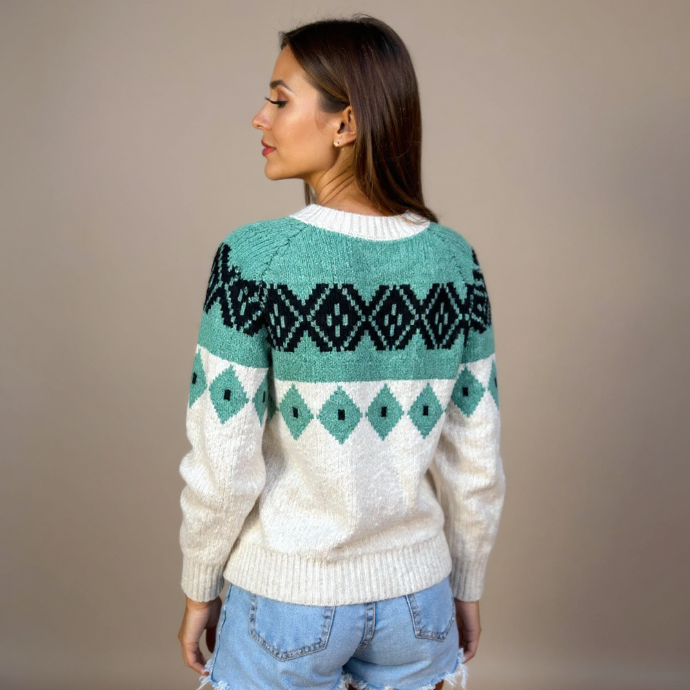 Susannah | Women's Cream and Teal Nordic-Pattern Cardigan