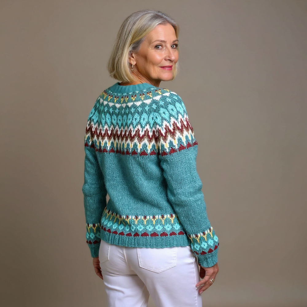 Edwina | Women's Teal Nordic-Pattern Cardigan