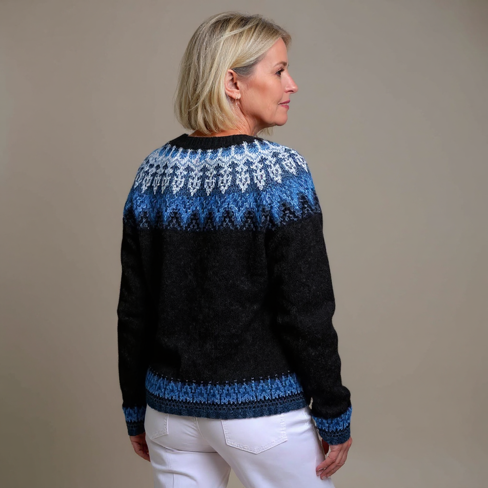 Prudence | Women's Black and Blue Nordic-Pattern Cardigan