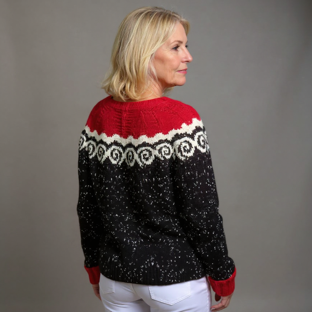 Fenella | Women's Black and Red Nordic-Pattern Cardigan