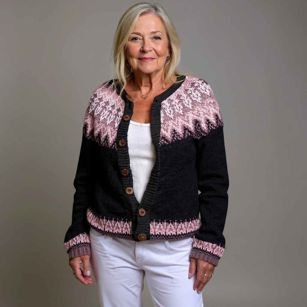 Gloria | Women's Black and Pink Vintage-Style Nordic Cardigan
