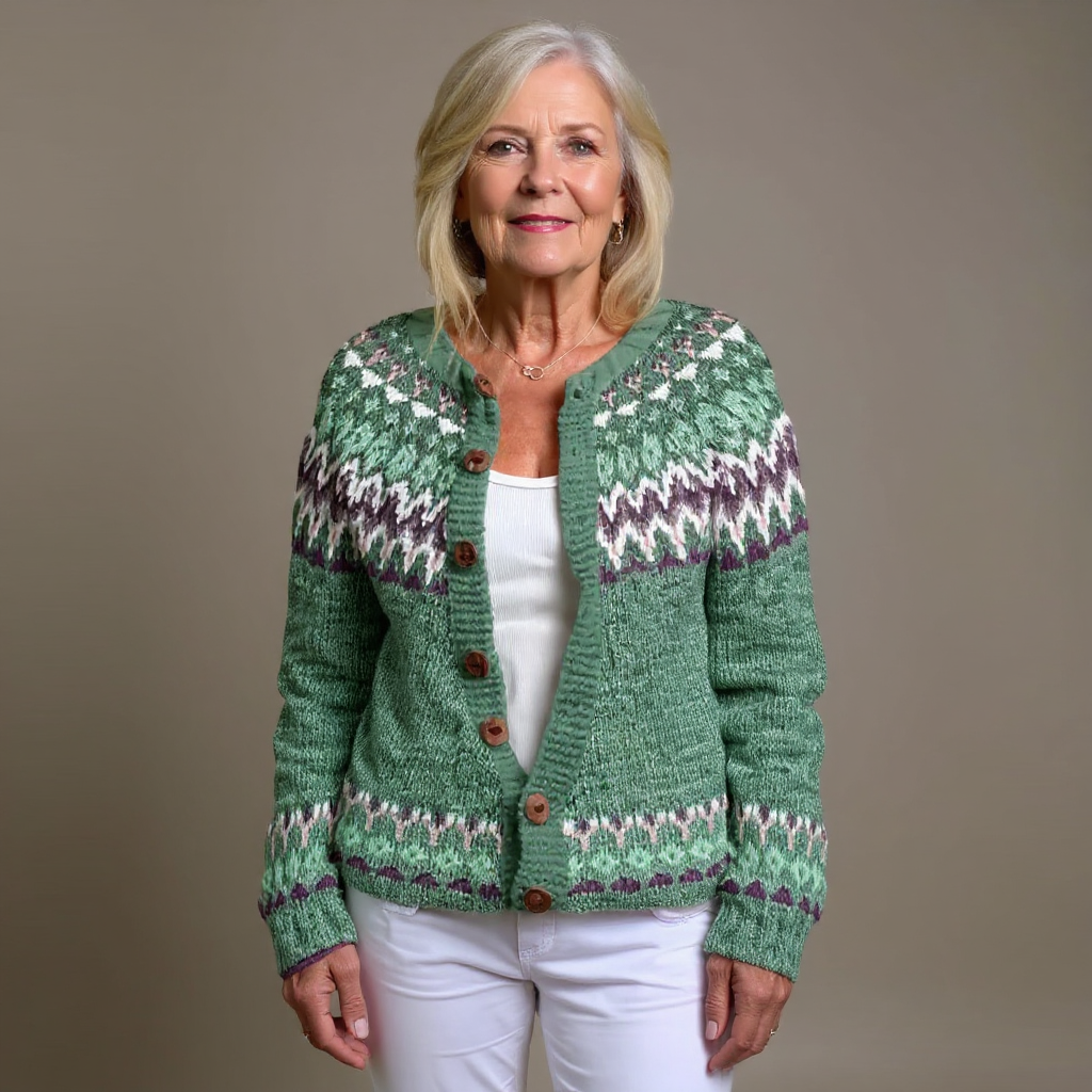 Tamsin | Women's Sage Green Retro Nordic-Pattern Cardigan