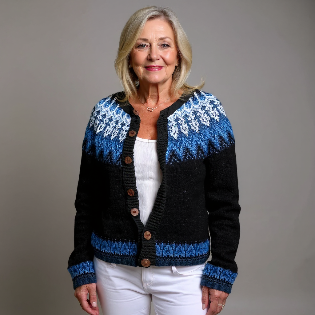 Prudence | Women's Black and Blue Nordic-Pattern Cardigan