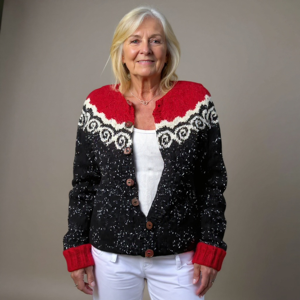 Fenella | Women's Black and Red Nordic-Pattern Cardigan