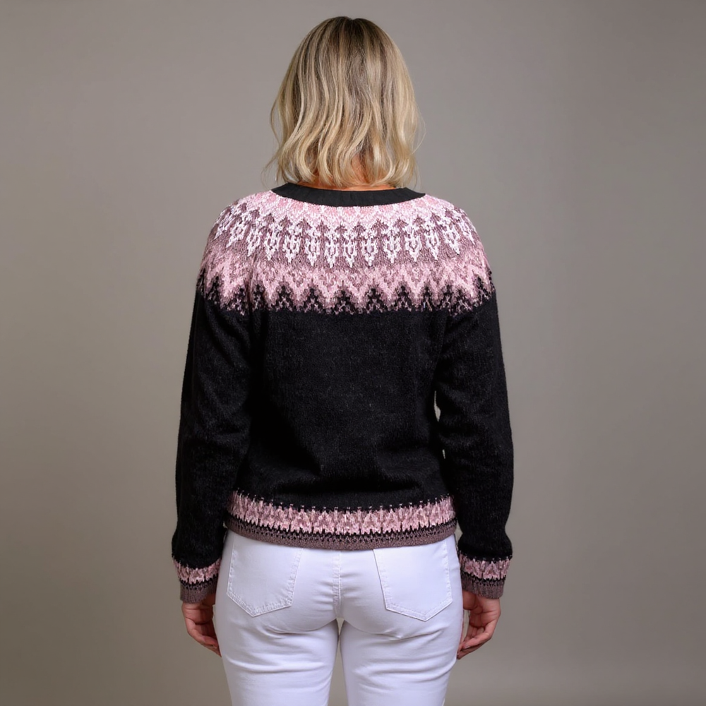 Gloria | Women's Black and Pink Vintage-Style Nordic Cardigan