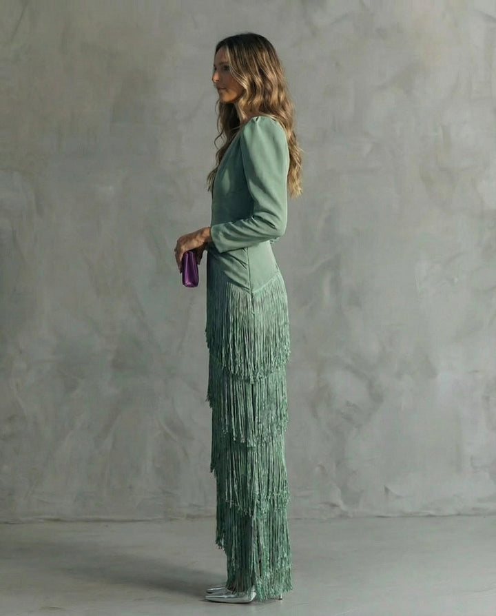 Matilda | Women’s V-Neck Fringe-Sleeve Maxi Dress