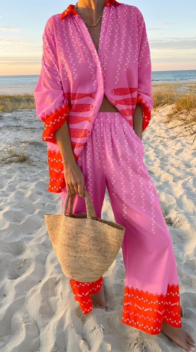 Seraphina | Coastal Print Shirt & Wide-Leg Trouser Set