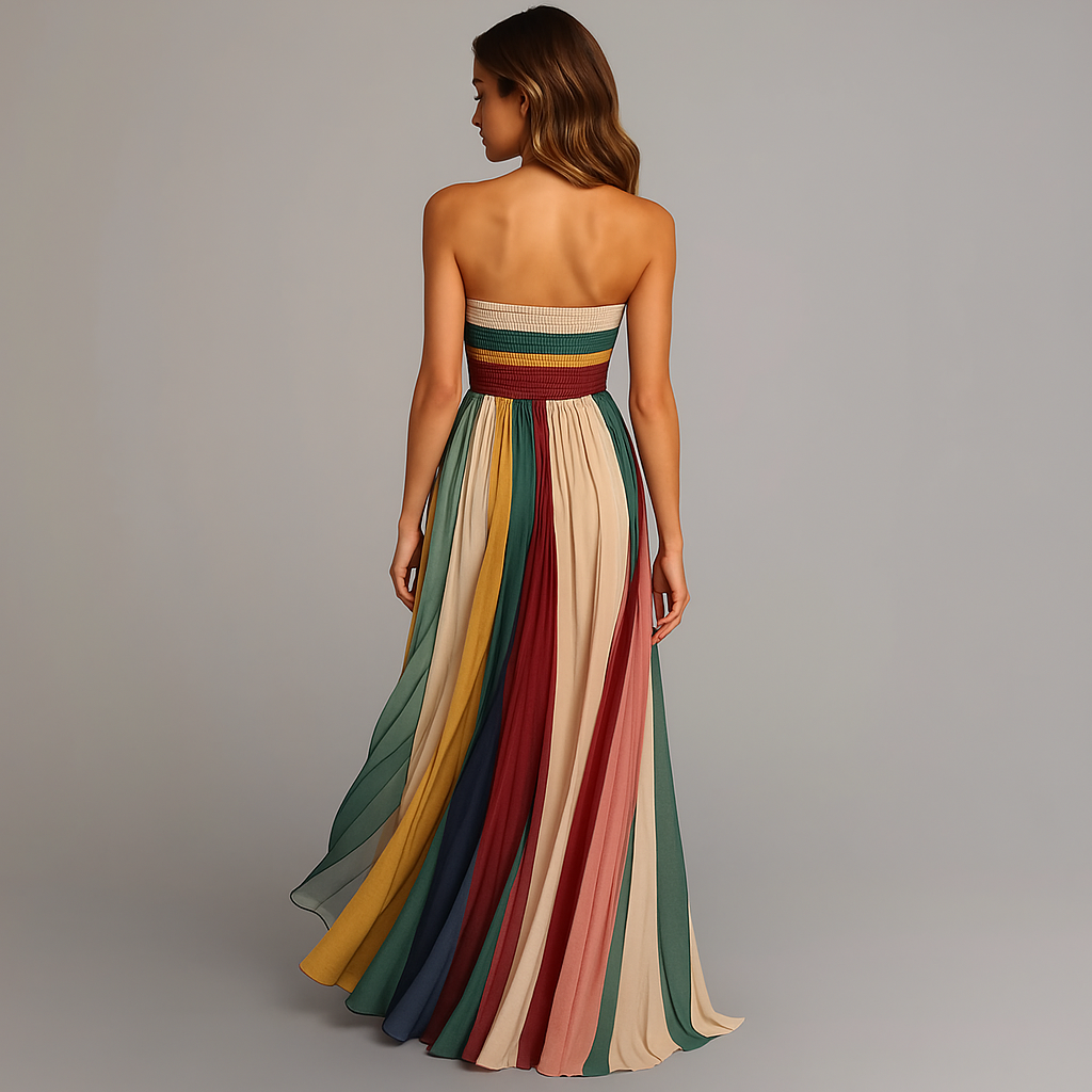 June | Women's Strapless Colorful Pleated Summer Maxi Dress Strapless