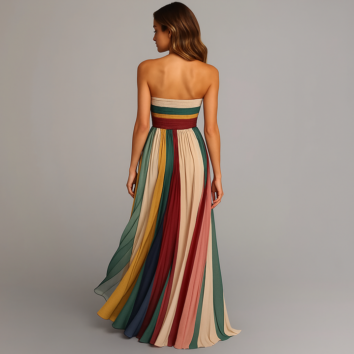June | Women's Strapless Colorful Pleated Summer Maxi Dress Strapless