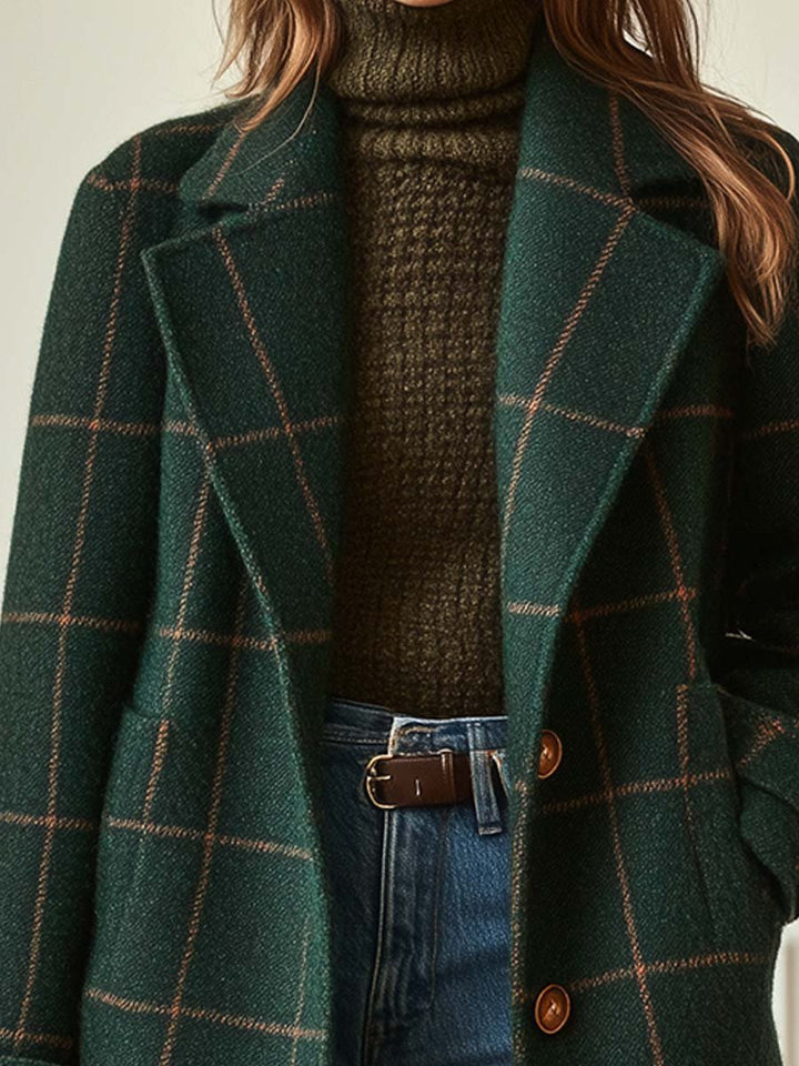 Lora | Women's Checked Long Coat with Lapel Collar