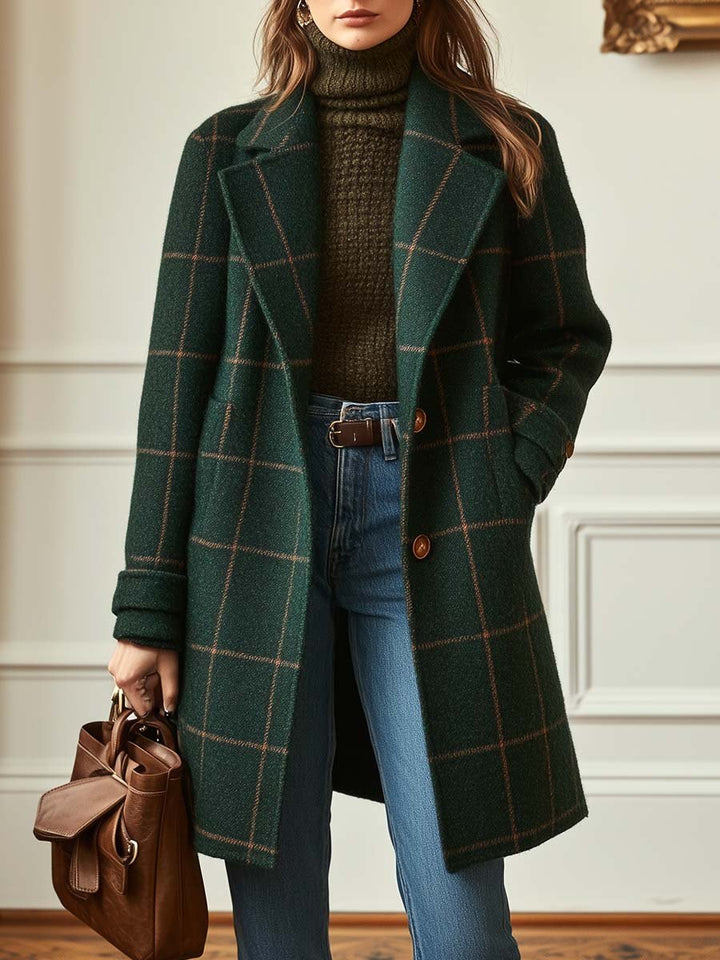 Lora | Women's Checked Long Coat with Lapel Collar