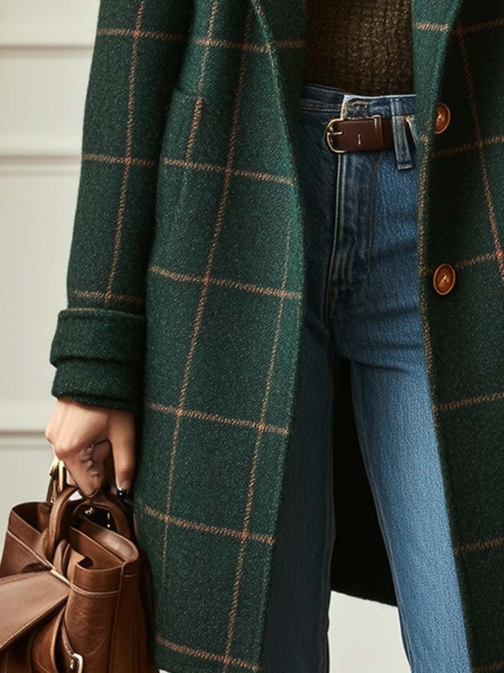 Lora | Women's Checked Long Coat with Lapel Collar