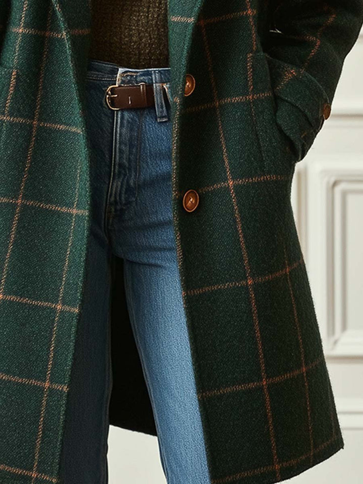 Lora | Women's Checked Long Coat with Lapel Collar