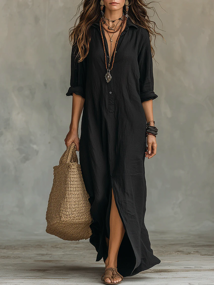 Camille | Black Button-Front Maxi Shirt Dress