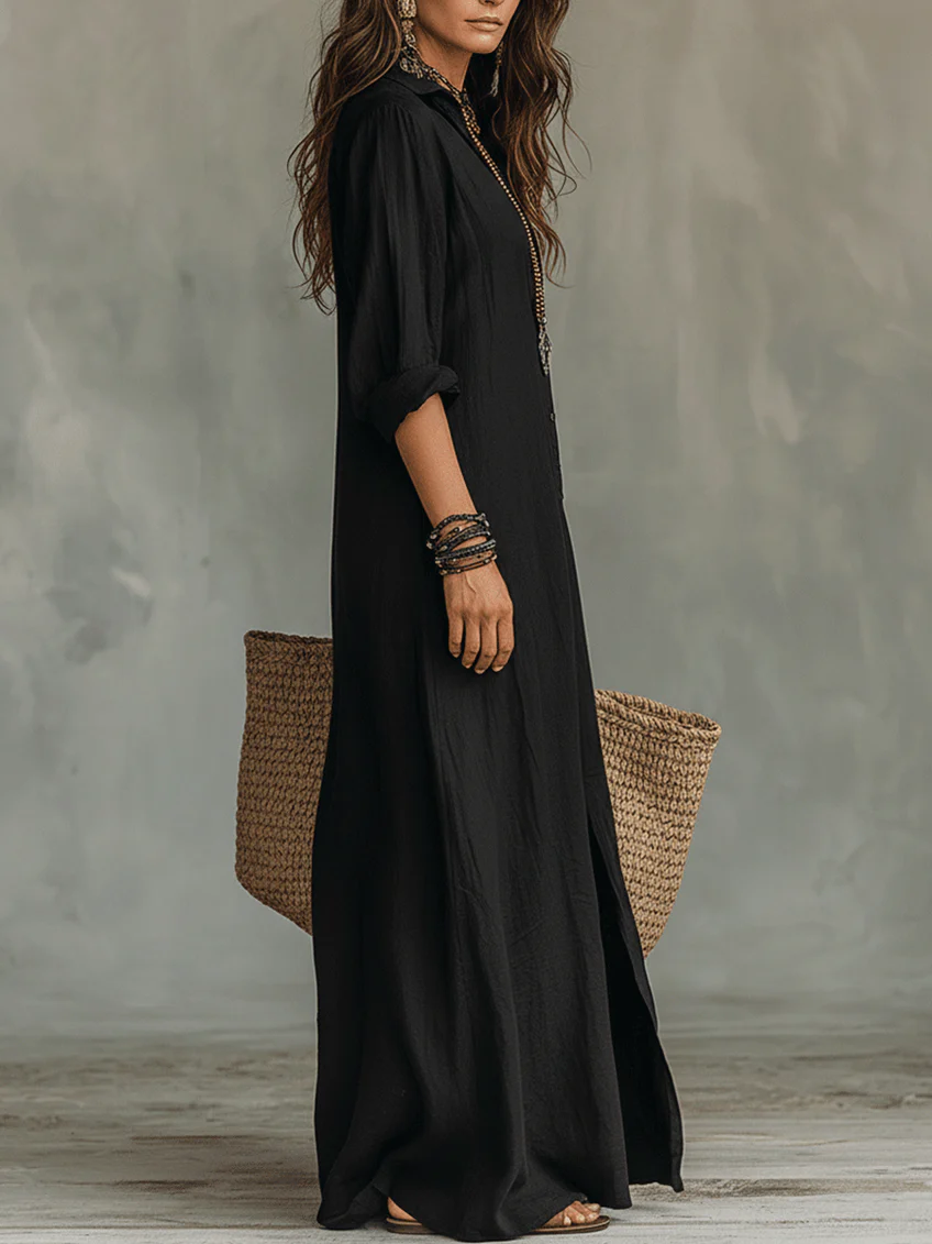 Camille | Black Button-Front Maxi Shirt Dress