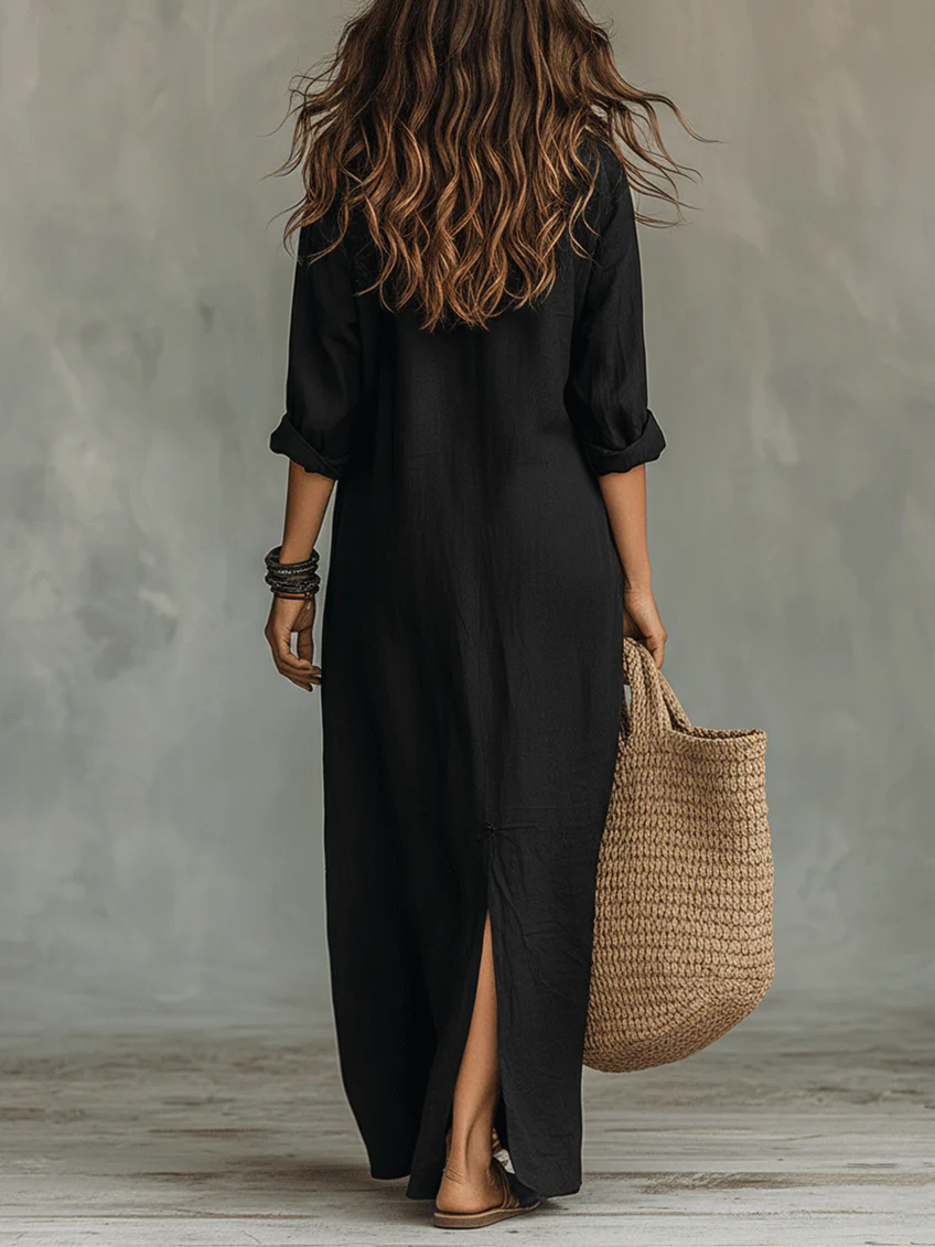 Camille | Black Button-Front Maxi Shirt Dress