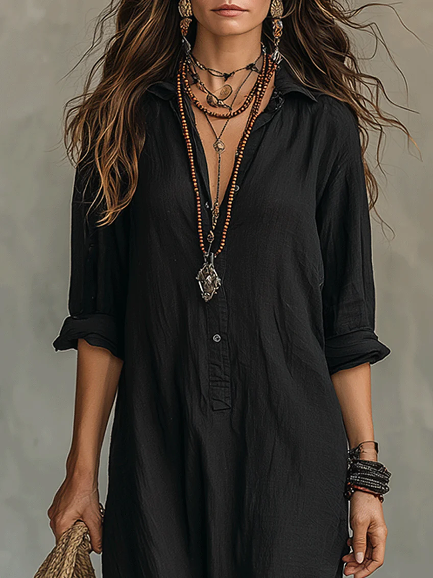 Camille | Black Button-Front Maxi Shirt Dress