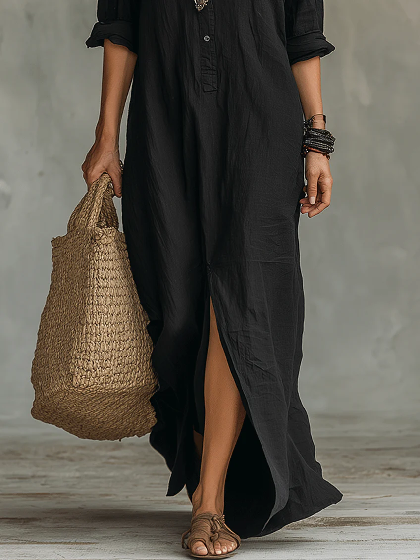 Camille | Black Button-Front Maxi Shirt Dress
