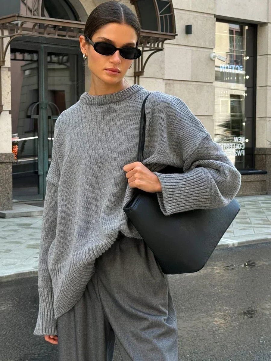 Ribbed Knit Oversized Jumper with Crew Neck for Women