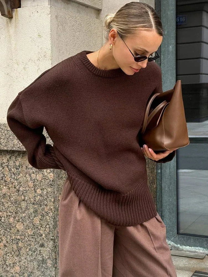 Ribbed Knit Oversized Jumper with Crew Neck for Women