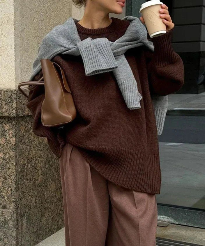 Ribbed Knit Oversized Jumper with Crew Neck for Women