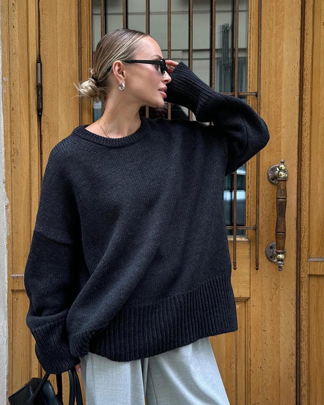 Ribbed Knit Oversized Jumper with Crew Neck for Women