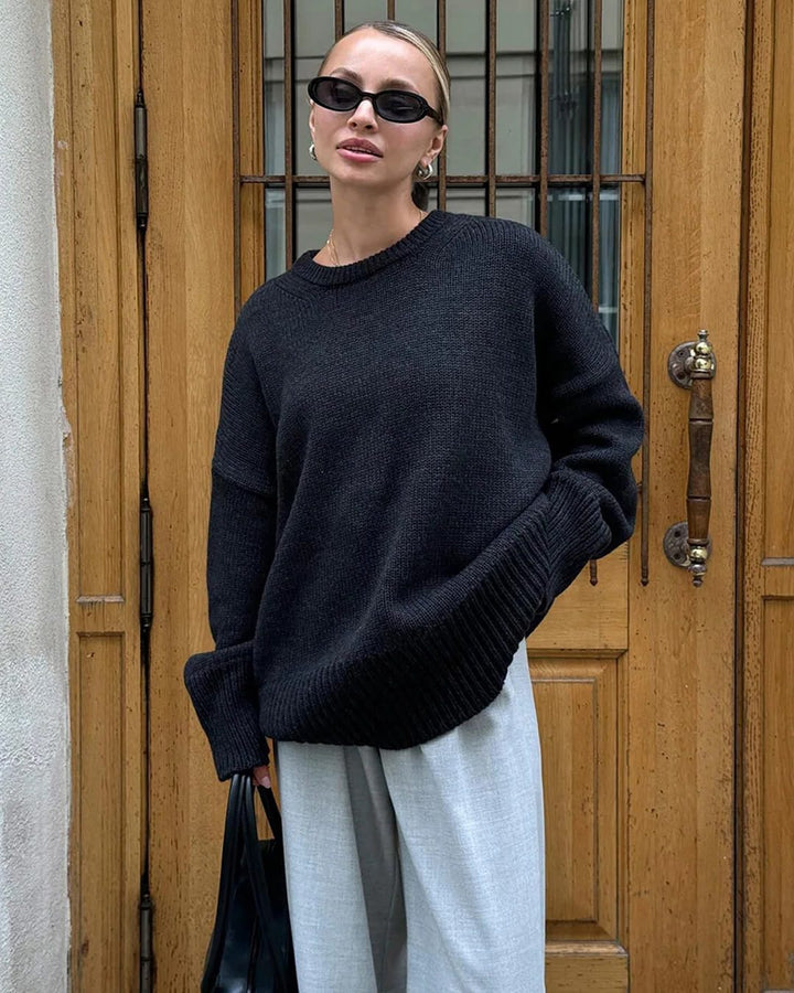 Ribbed Knit Oversized Jumper with Crew Neck for Women