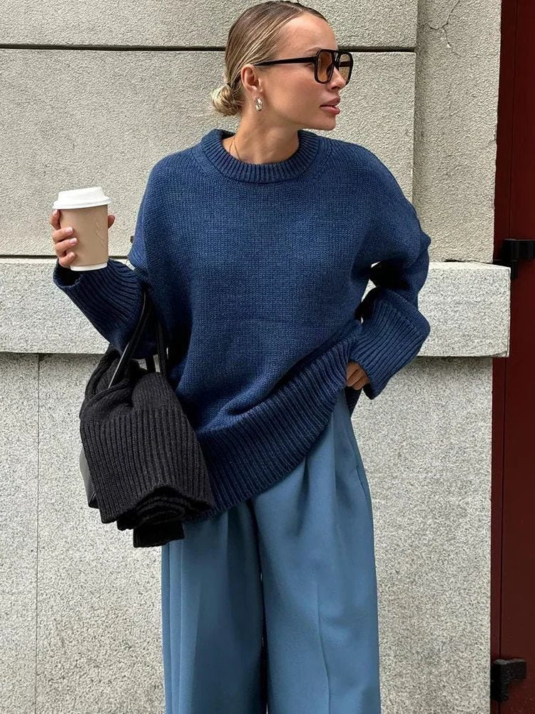 Ribbed Knit Oversized Jumper with Crew Neck for Women