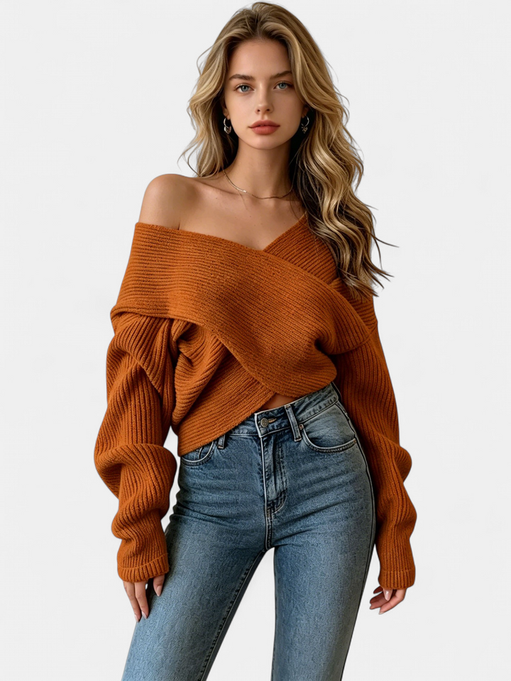 Rebecca | Cropped Oversized Jumper with Crossover Off-Shoulder Neckline
