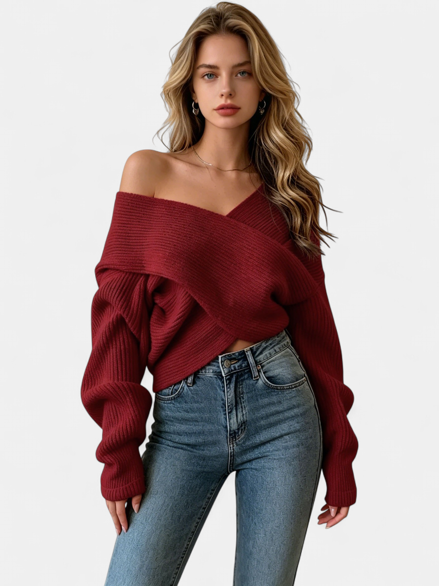 Rebecca | Cropped Oversized Jumper with Crossover Off-Shoulder Neckline