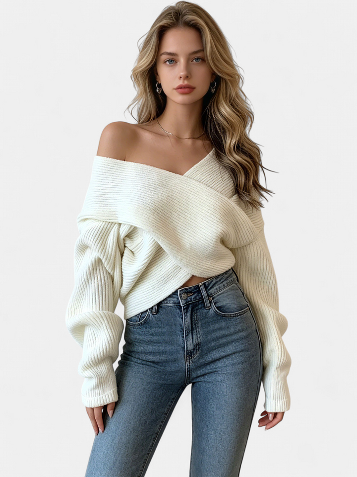 Rebecca | Cropped Oversized Jumper with Crossover Off-Shoulder Neckline