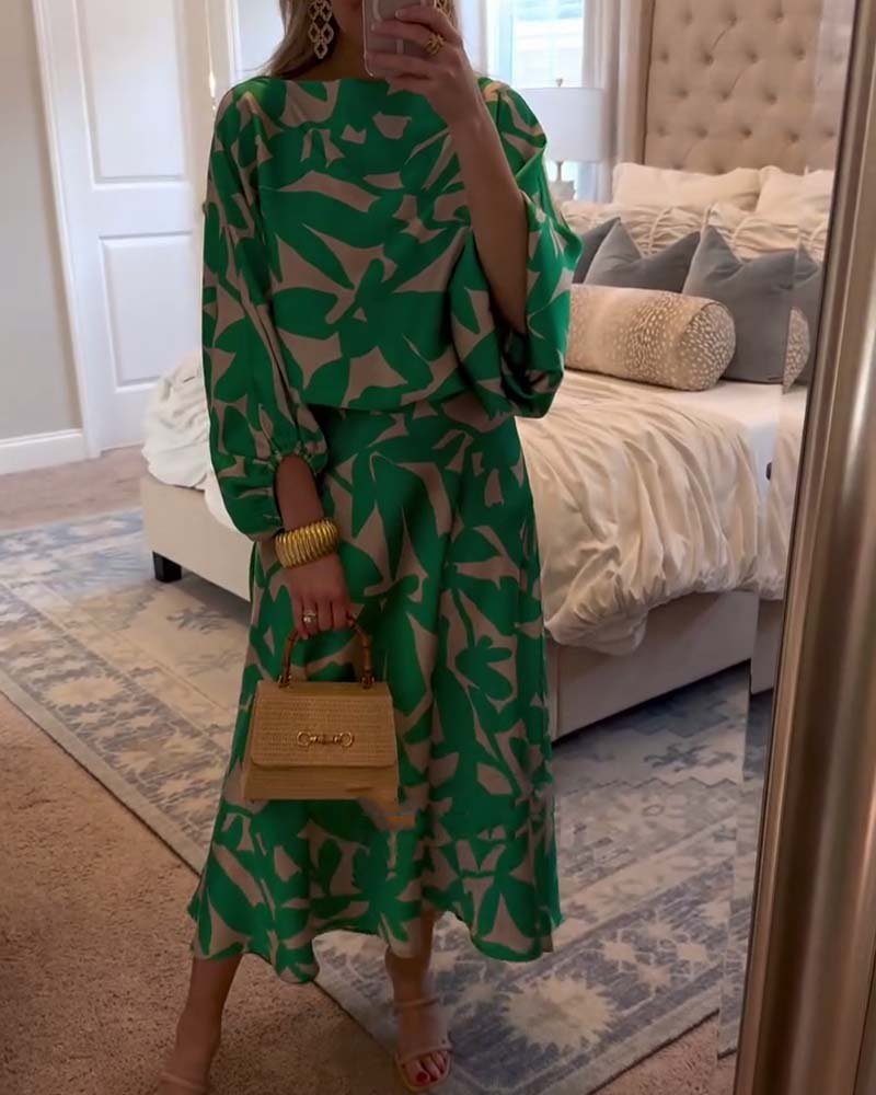 Floor | Women's Green Leaf Print Lantern Sleeve Two-Piece Set