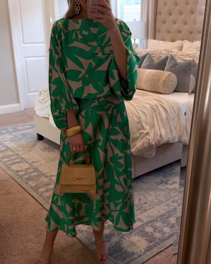Floor | Women's Green Leaf Print Lantern Sleeve Two-Piece Set