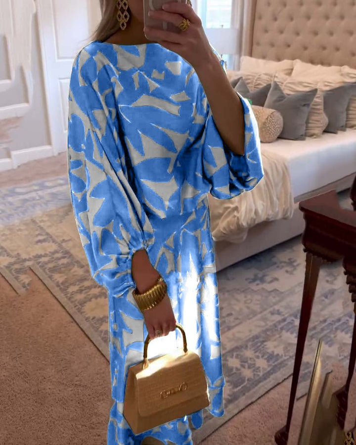 Floor | Women's Green Leaf Print Lantern Sleeve Two-Piece Set