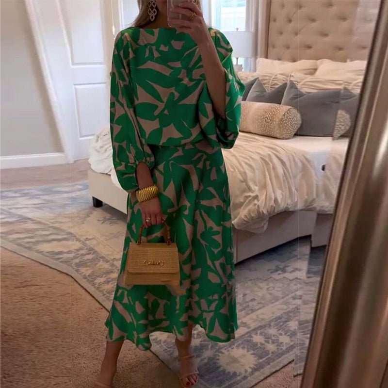 Floor | Women's Green Leaf Print Lantern Sleeve Two-Piece Set