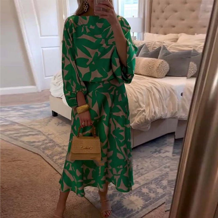 Floor | Women's Green Leaf Print Lantern Sleeve Two-Piece Set