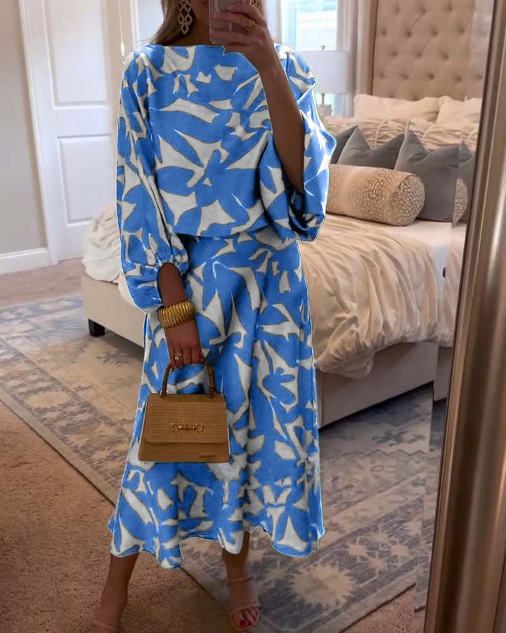 Floor | Women's Green Leaf Print Lantern Sleeve Two-Piece Set