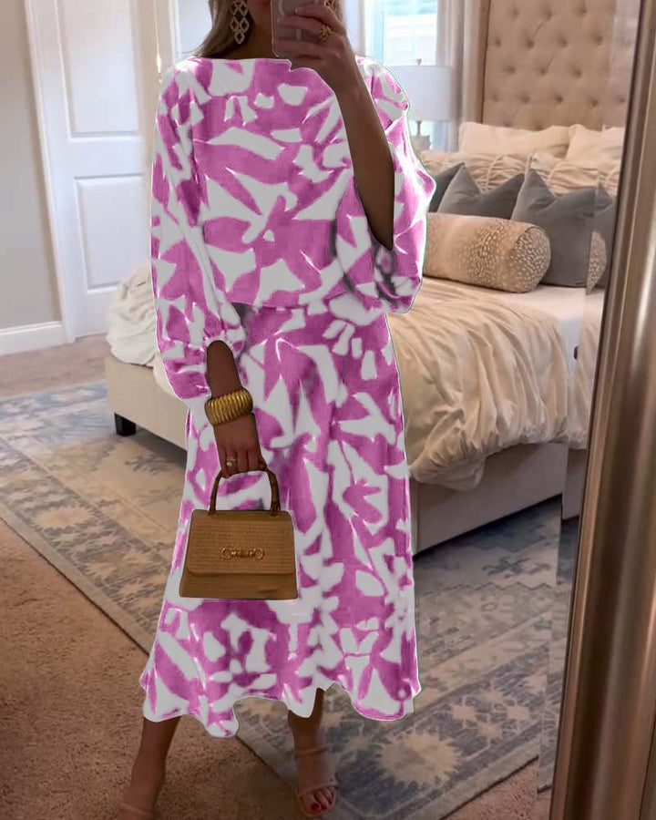 Floor | Women's Green Leaf Print Lantern Sleeve Two-Piece Set