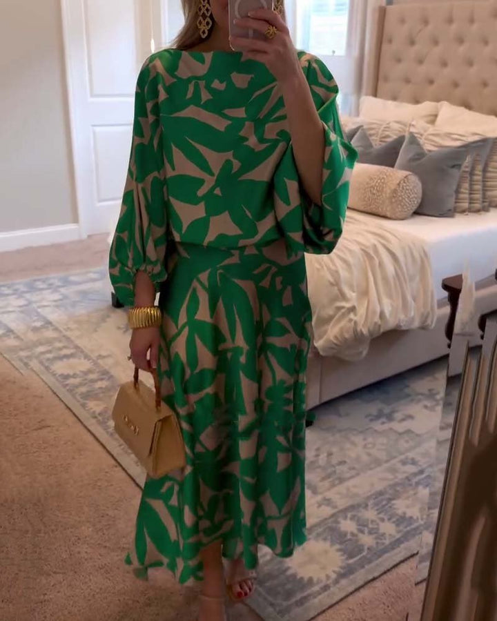 Floor | Women's Green Leaf Print Lantern Sleeve Two-Piece Set