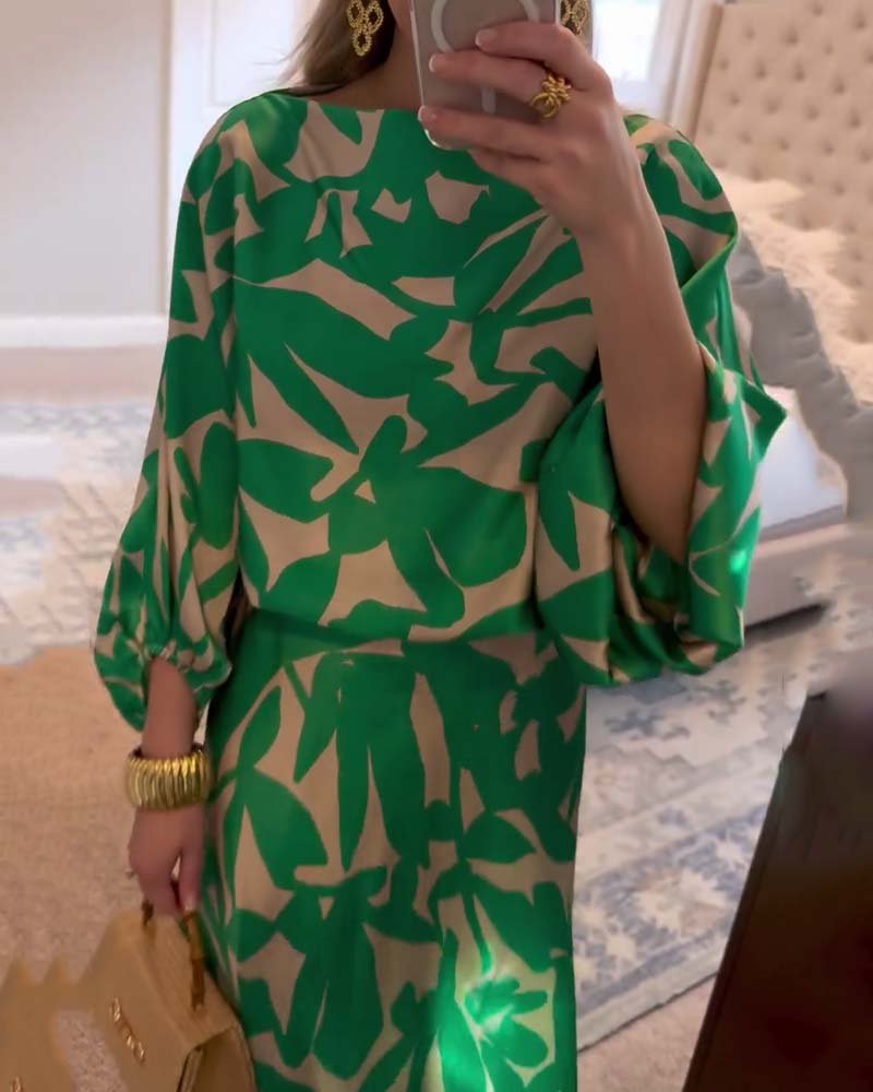 Floor | Women's Green Leaf Print Lantern Sleeve Two-Piece Set