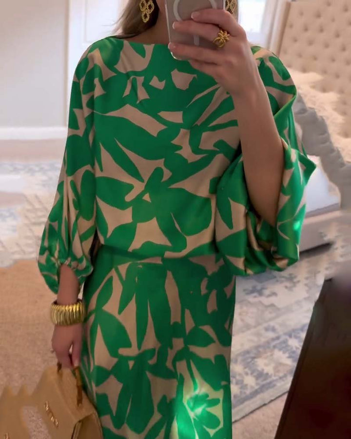 Floor | Women's Green Leaf Print Lantern Sleeve Two-Piece Set