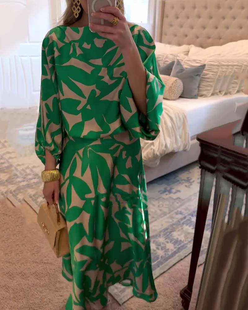 Floor | Women's Green Leaf Print Lantern Sleeve Two-Piece Set