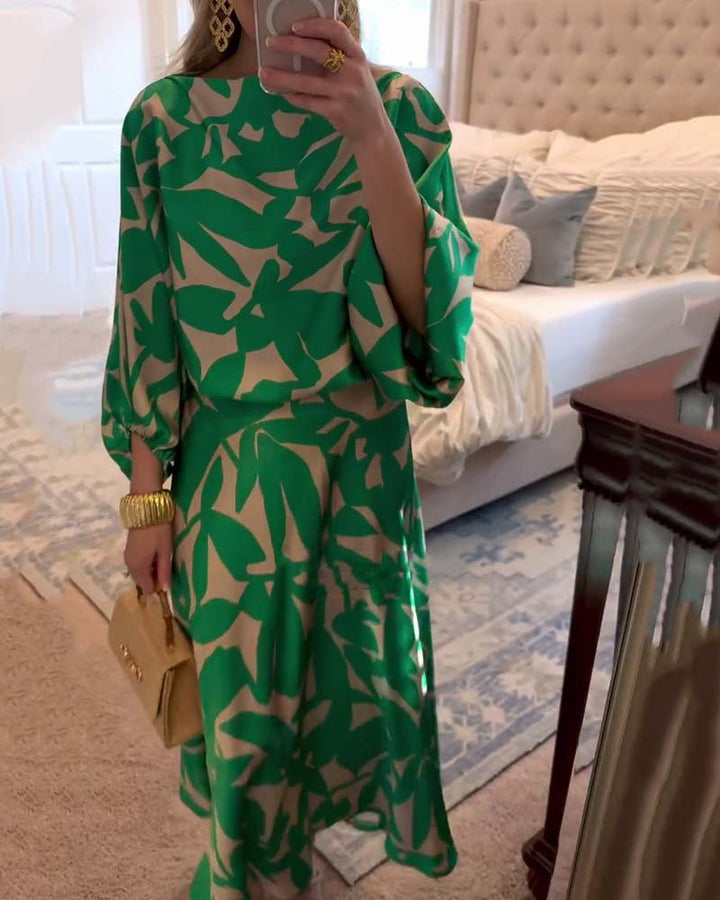 Floor | Women's Green Leaf Print Lantern Sleeve Two-Piece Set