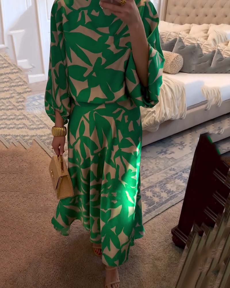 Floor | Women's Green Leaf Print Lantern Sleeve Two-Piece Set