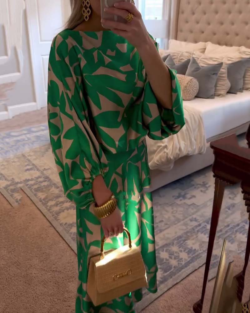 Floor | Women's Green Leaf Print Lantern Sleeve Two-Piece Set