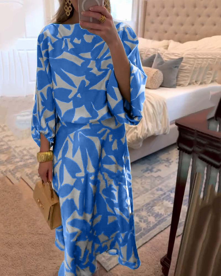 Floor | Women's Green Leaf Print Lantern Sleeve Two-Piece Set