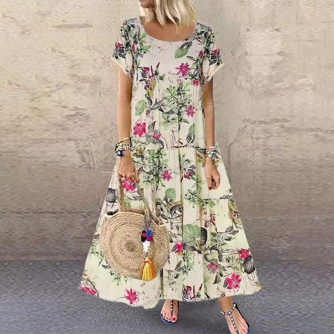 Lina| Women's Loose-Fit Floral Print Short Sleeve Maxi Dress
