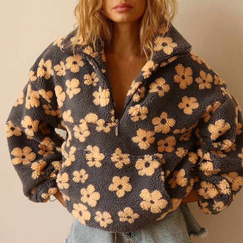 Mae | Women's Oversized Floral Teddy Fleece Half-Zip Jumper